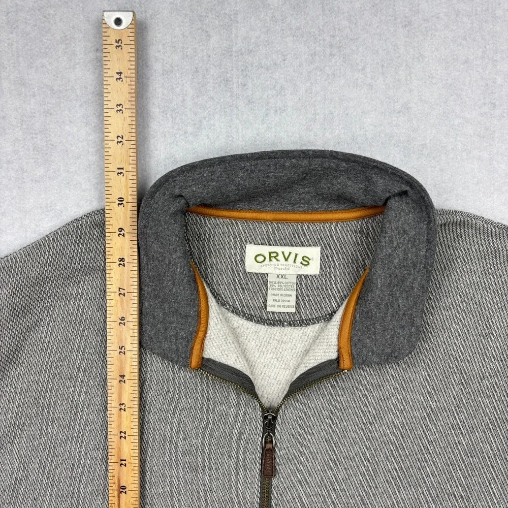 Orvis Mens Heavyweight Full Zip Jacket Sweatshirt Leather Elbow Patches Gray XXL